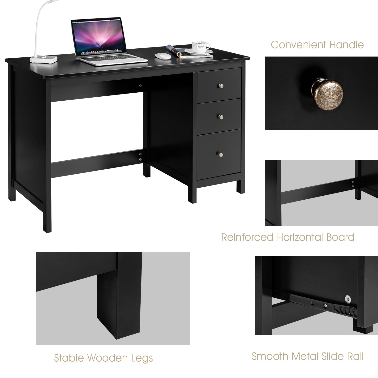 LIFEZEAL Scrivania Nera con 3 Cassetti, Scrivania Ufficio, 120x50x75 cm, Scrivania per Computer, Moderno, Semplice, Postazione di Lavoro, Scrittoio Porta PC, in Legno, per Studio, Max 55 kg