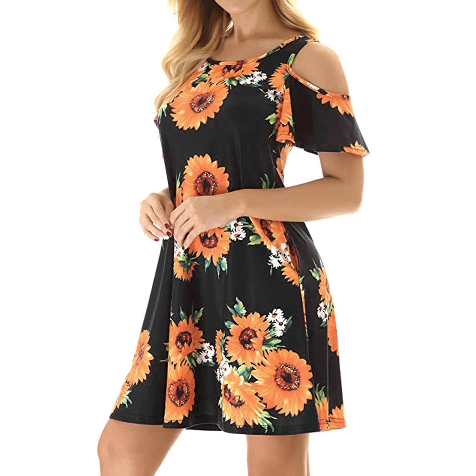 Damen Sommer Maxikleider Damen Casual Sommerkleid Ärmellos Floral V Ausschnitt Strand Hemdkleid mit Taschen 004-M