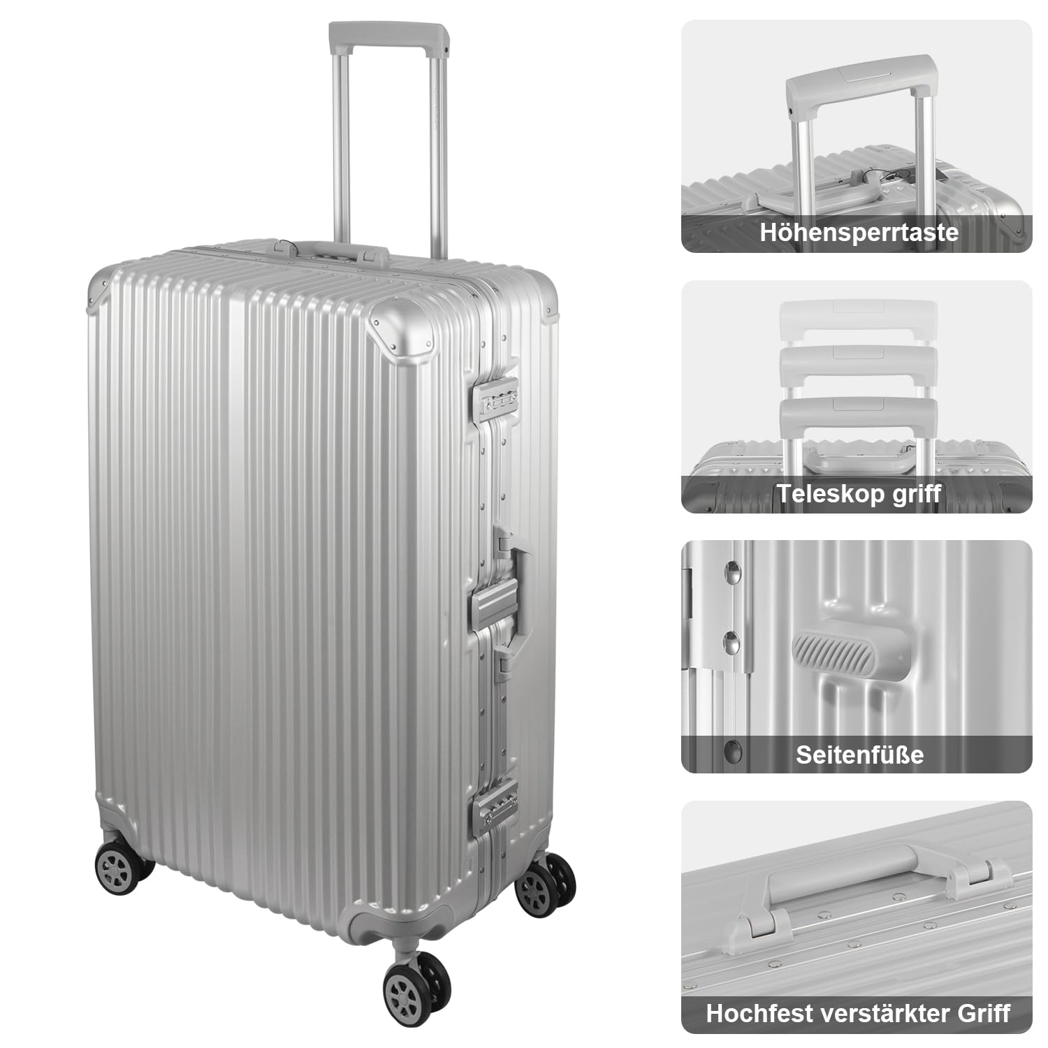 FusionShell Hartschalen-Kofferset 3-teilig, Silber | Aluminiumrahmen, 57 68 77 cm (43L 65L 110L), Rahmenverstärkt, TSA-Zahlenschloss, gummierte 360-Grad-Doppelrollen