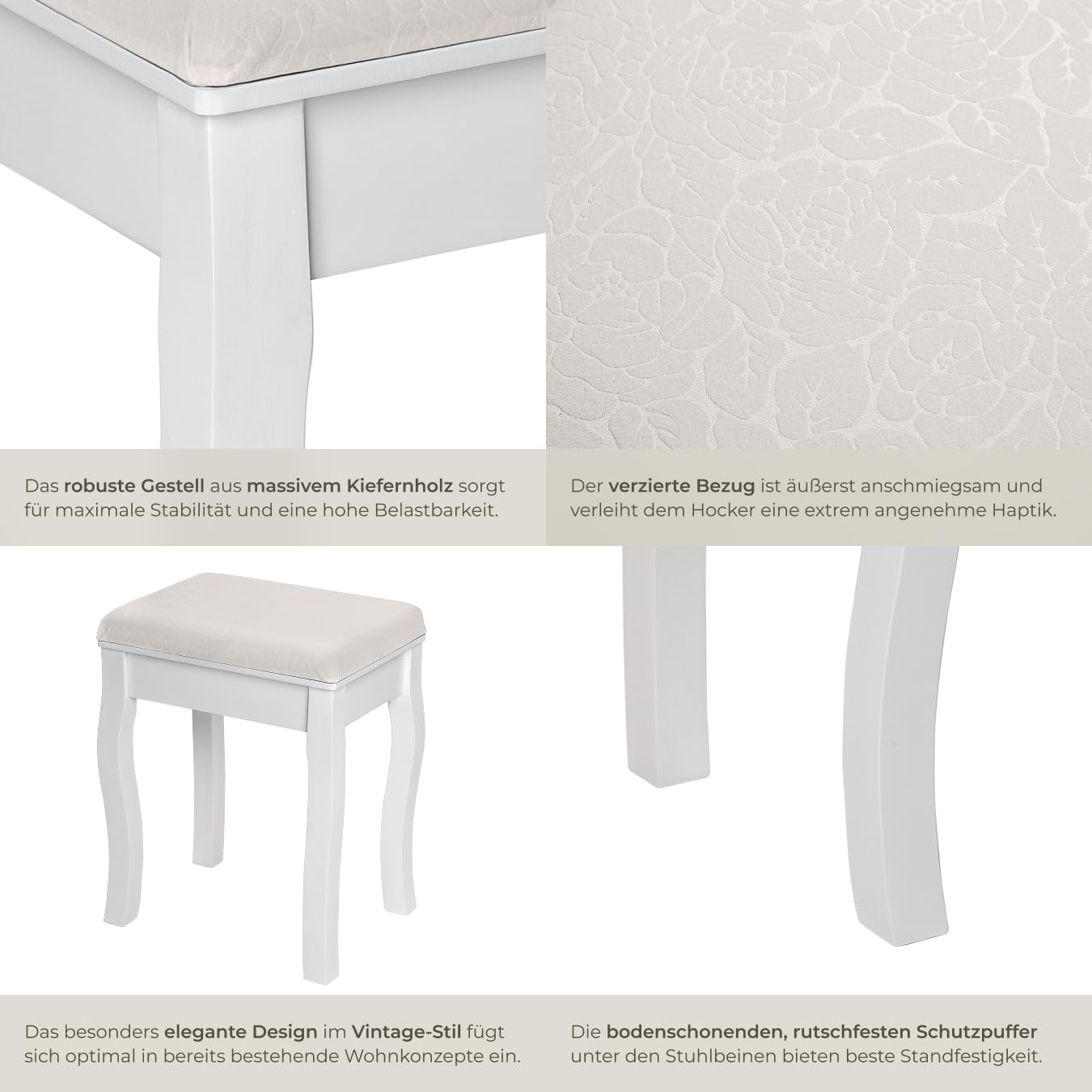 tectake® Schminkhocker, Schminktisch Stuhl, Hocker als Schminktisch Zubehör oder Klavierhocker, Schminkstuhl für Dressing Table, Vanity Table, Vintage Deko Aesthetic - 40x30x51cm, weiß