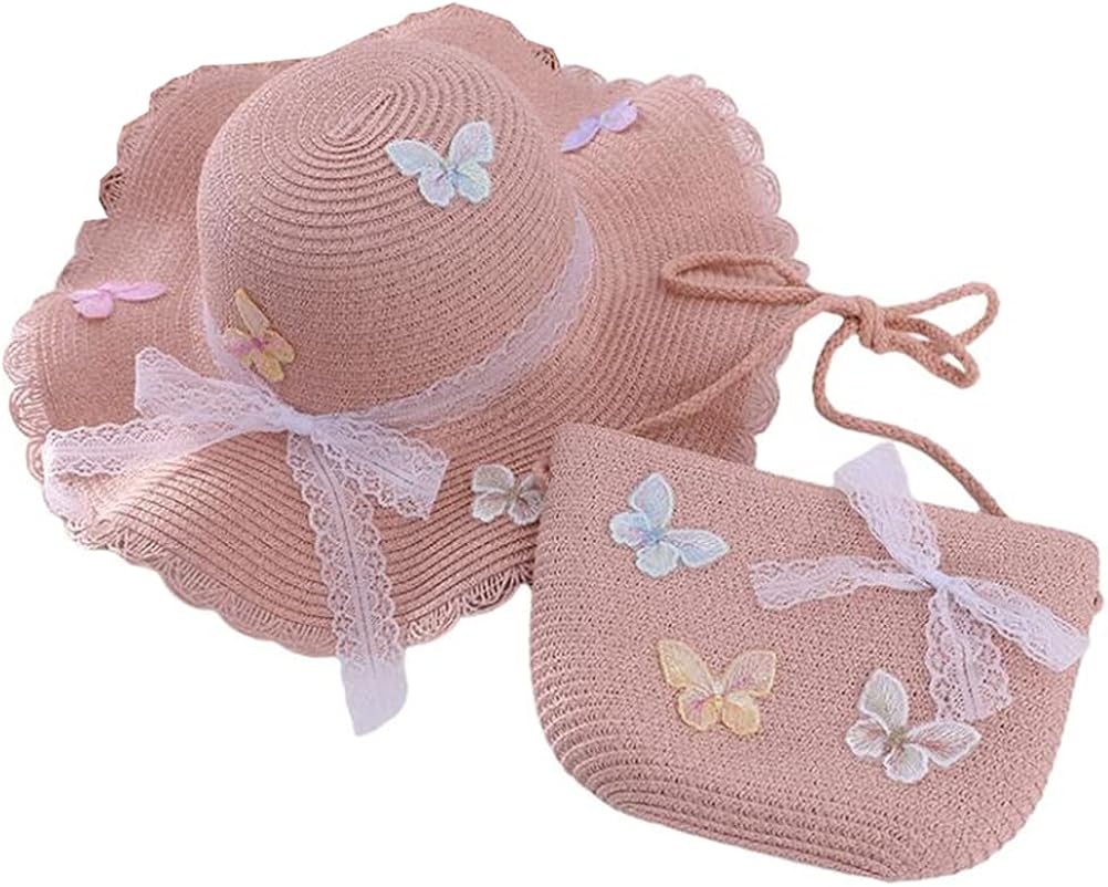 蝶麦わら帽子 ガールズ 2セット バッグ ストローハット つば広 可愛い 蝶結び 外出 在庫あり 即出荷可 旅行 海遊び 日よけ帽子 紫外線防止 折りたたみ 幼児