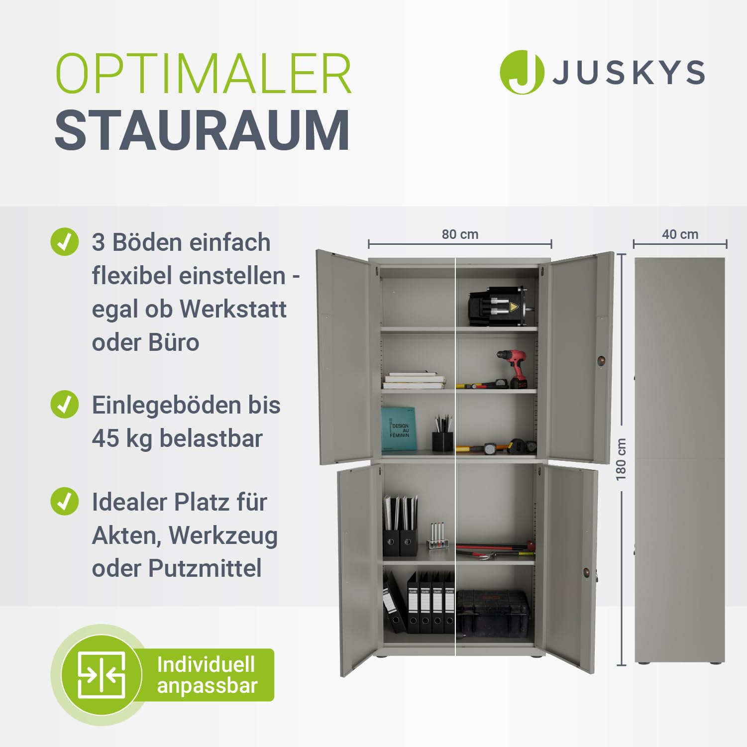 Juskys armadio in metallo 180x80x40 cm – armadio da ufficio con serratura, 2 ante, 3 ripiani regolabili e piedini regolabili – Grigio chiaro