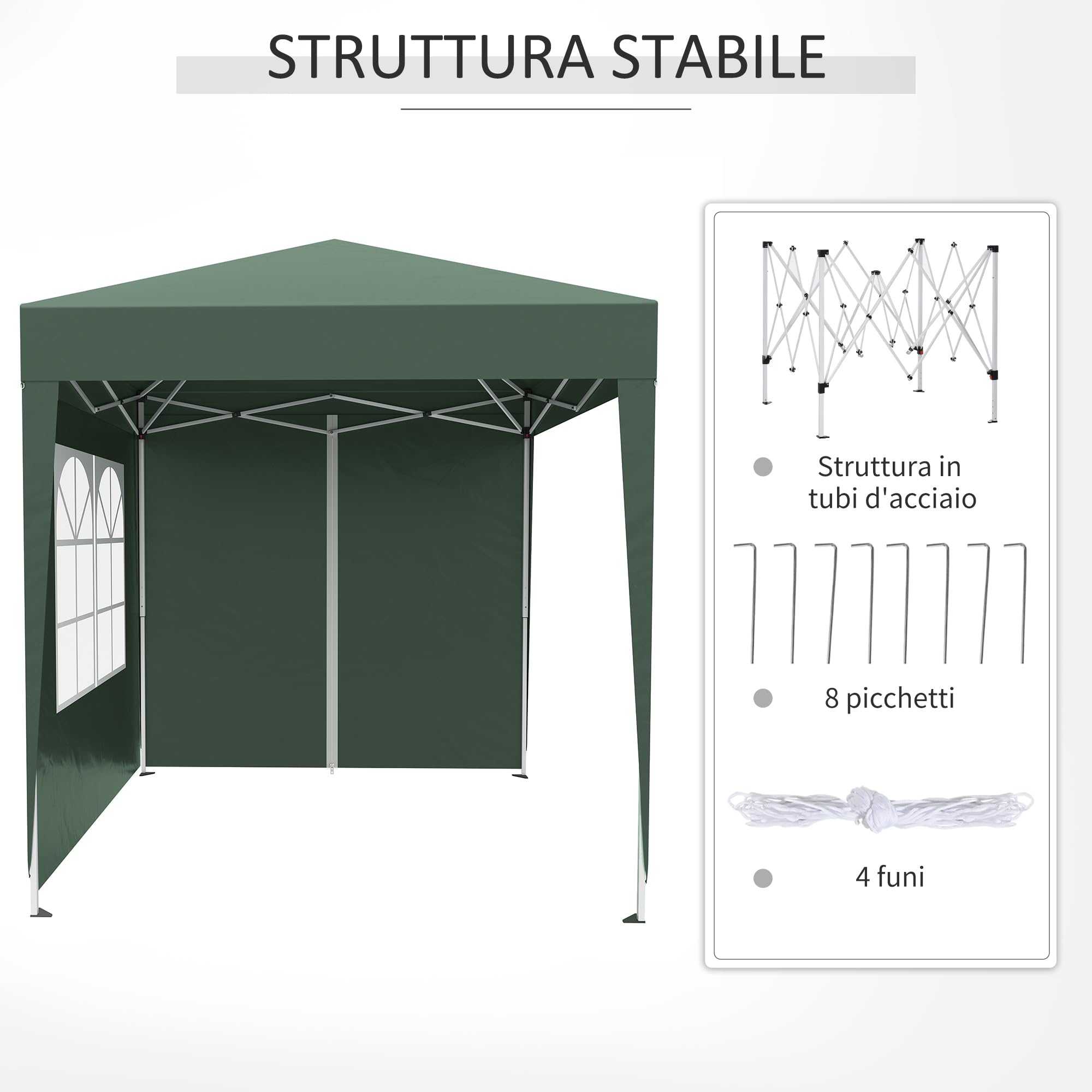 Outsunny Gazebo 2x2 m Pop-up Impermeabile con 4 Pareti Rimovibili, Gazebo Pieghevole in Metallo e Poliestere con Borsa da Trasporto, Verde