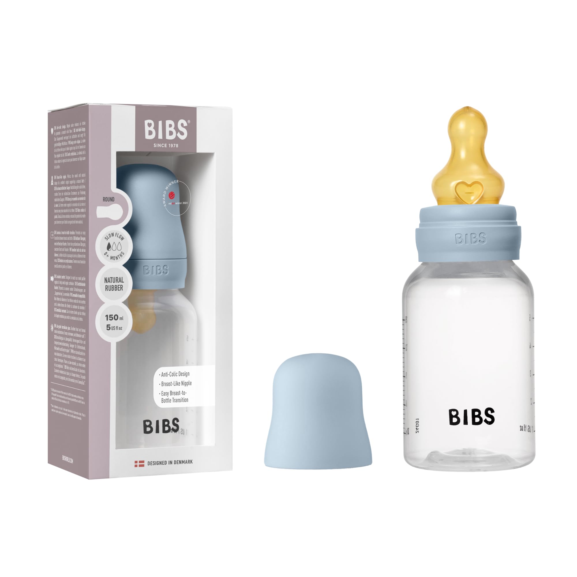 BIBS Babyflasche 150 ml. Sauger aus Naturkautschuk - Babyflaschenset. Anti-Kolik. BPA-freiAnti-Kolik. Langsamem Fluss. leicht und einfach zu reinigen. geeignet für Neugeborene ab 0 Jahren - Baby Blue