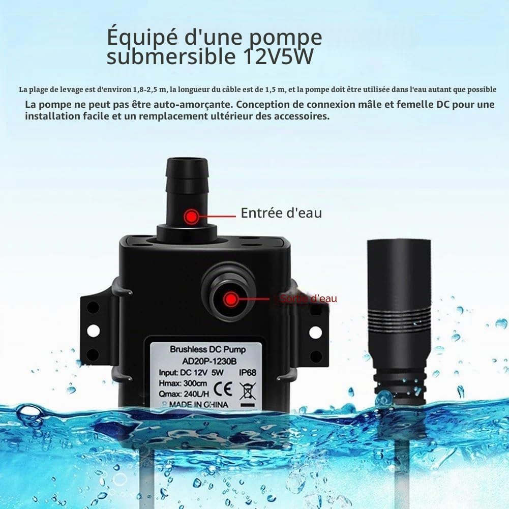 HpLive Pompe solaire pour étang avec panneau 6W 9V - Pompe à eau pour aquarium, bassin de jardin, fontaine - Débit 240L/h, hauteur de refoulement 2,5M
