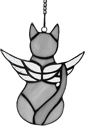 Atrapasoles hecho a mano con cristales de colores grises, ángel y gato, regalo conmemorativo para mascotas con alas coloridas, regalo de