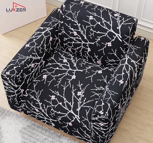 Image of Lukzer 1 Seater Sofa Cover - Black Stem | 360 Fully Covered Anti-Slip Washable Couch Cover Protecter | 140 GSM Stretch Fit Polyester + Spandex Slipcover (90-140cm /SC-001-01)