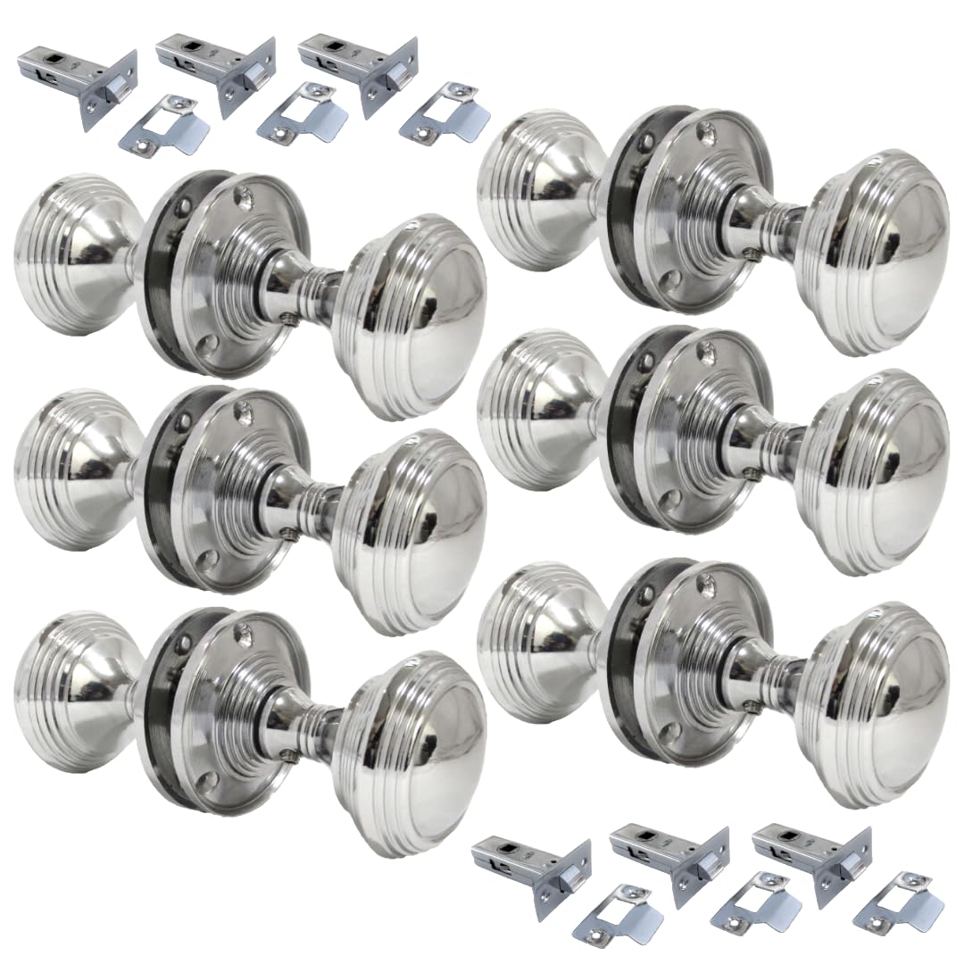 Epsom Door Handle Queen Anne Reeded Mortice Door Knobs Interior Door Knobs for Home Round Internal Door Knob with Tubular Latch - Durable Chrome Door Knobs (6 Pair of Handles + Tubular Latch)