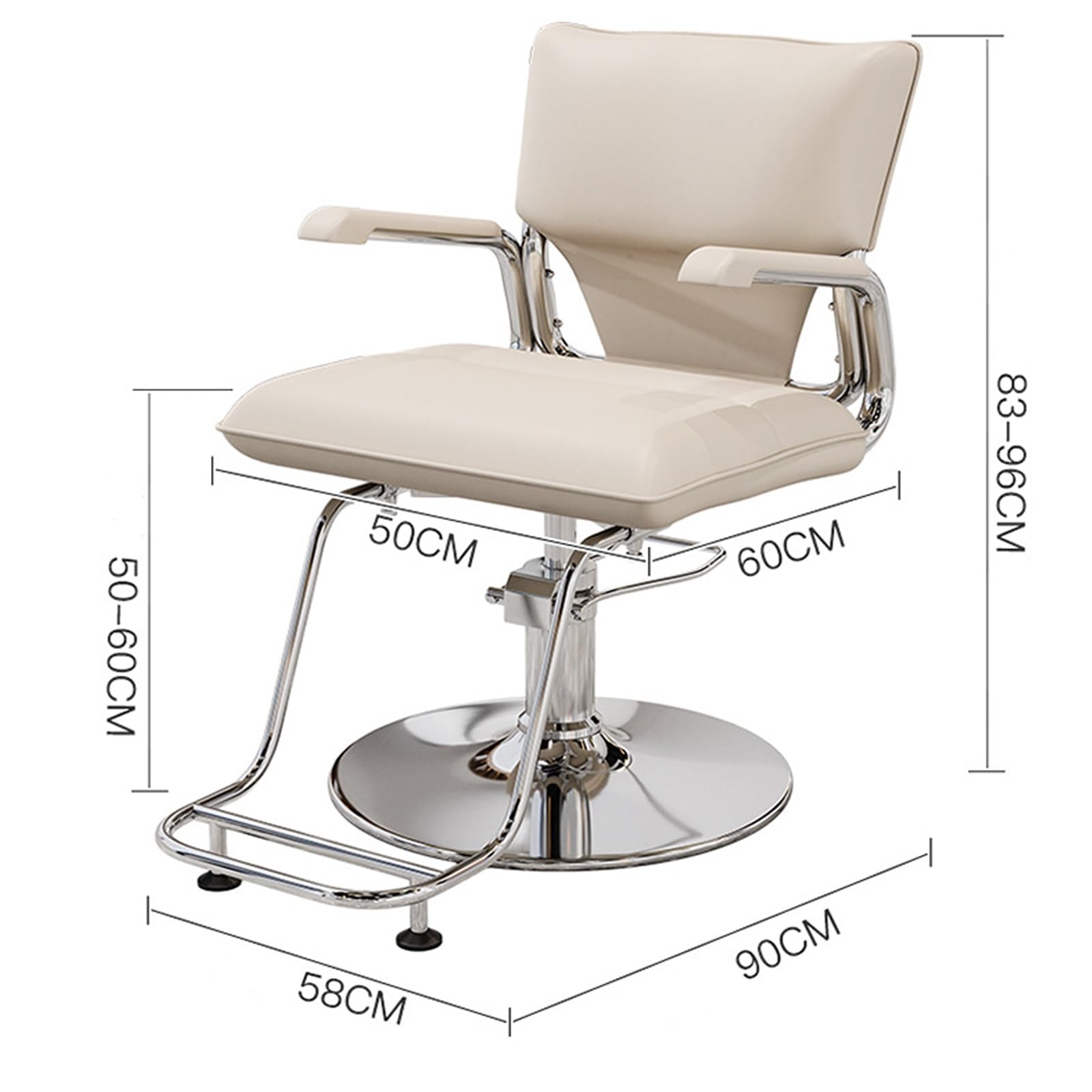 Niedrogie krzesło do salonu z podłokietnikami, obracany o 360°, hydrauliczny, skórzana, tapicerka, srebrna podstawa ze stali nierdzewnej i podnóżek, do salonu fryzjerskiego (szary)