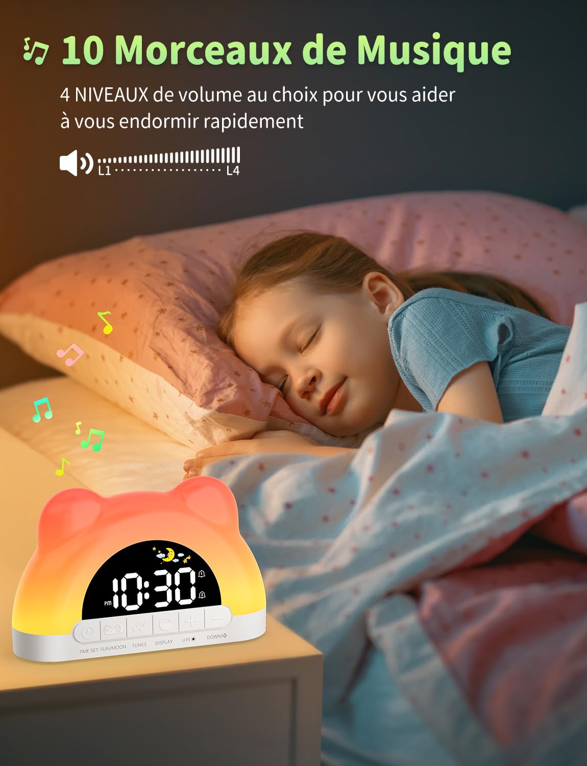 Reveil Enfant Educatif Jour/Nuit, Réveil Enfants avec 11 Effets de Lumière, Comprend Une Luminosité Automatique de l’Écran, Réveil Numérique pour Garçons Filles, Deux Alarmes, Chambre D'enfant
