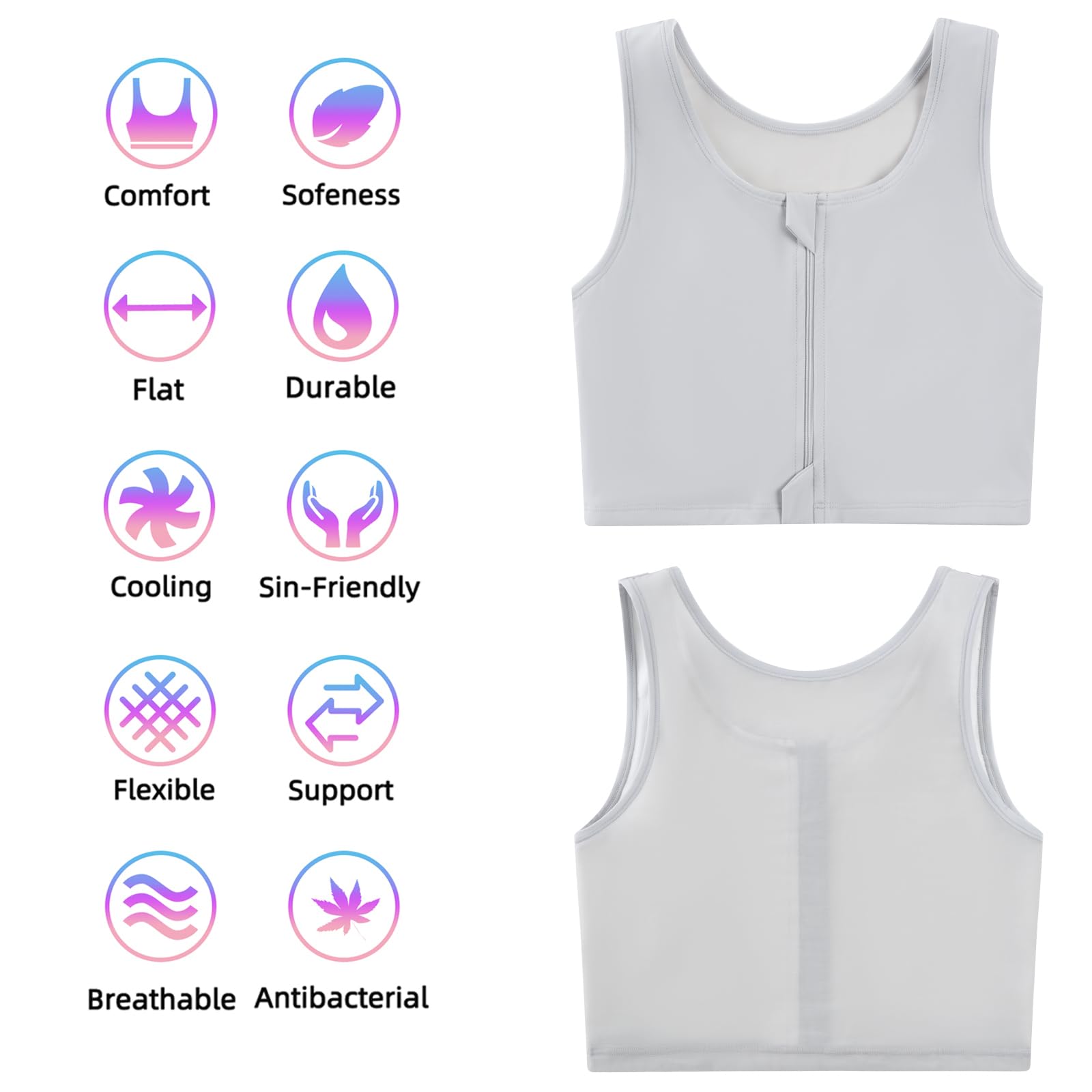 XUJI Transgender FTM Zip Up Traspirante Mezza Binder