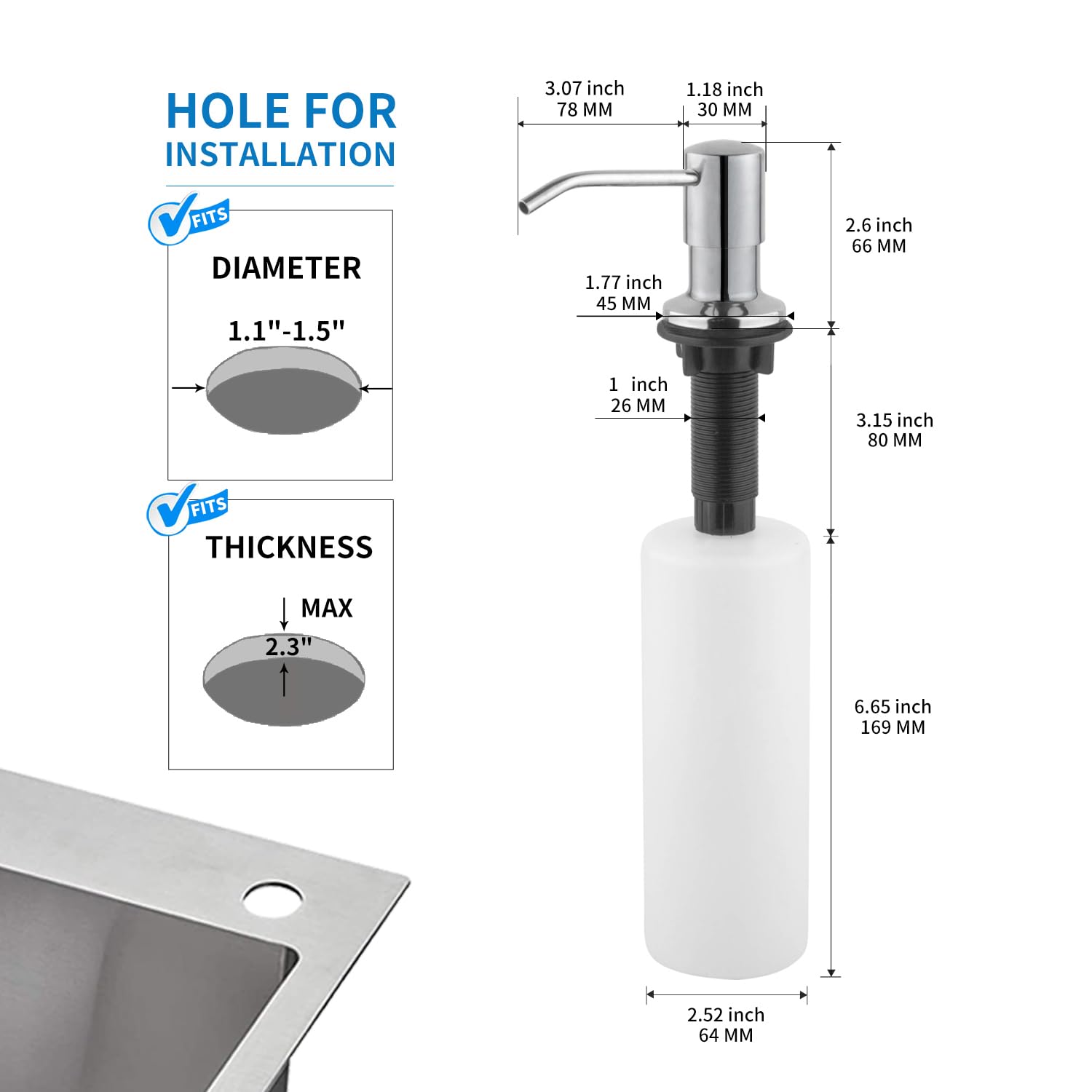 Dispensador de jabón integrado para fregadero de cocina, cabezal de bomba de encimera de acero inoxidable cromado (interior de plástico), dispensador de loción de manos de jabón para platos con