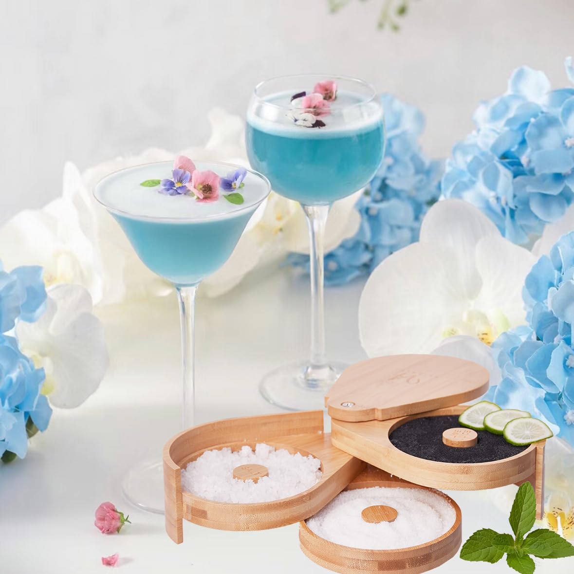 Vaisoeny Margarita Salt Rimmer Set, Bamboo Salt Rimmer for Cocktails with 6 Juices Sponges and 4 Anti-slip Mats, Bloody Mary, Manhattan salt rimmer for Bar and House Party.