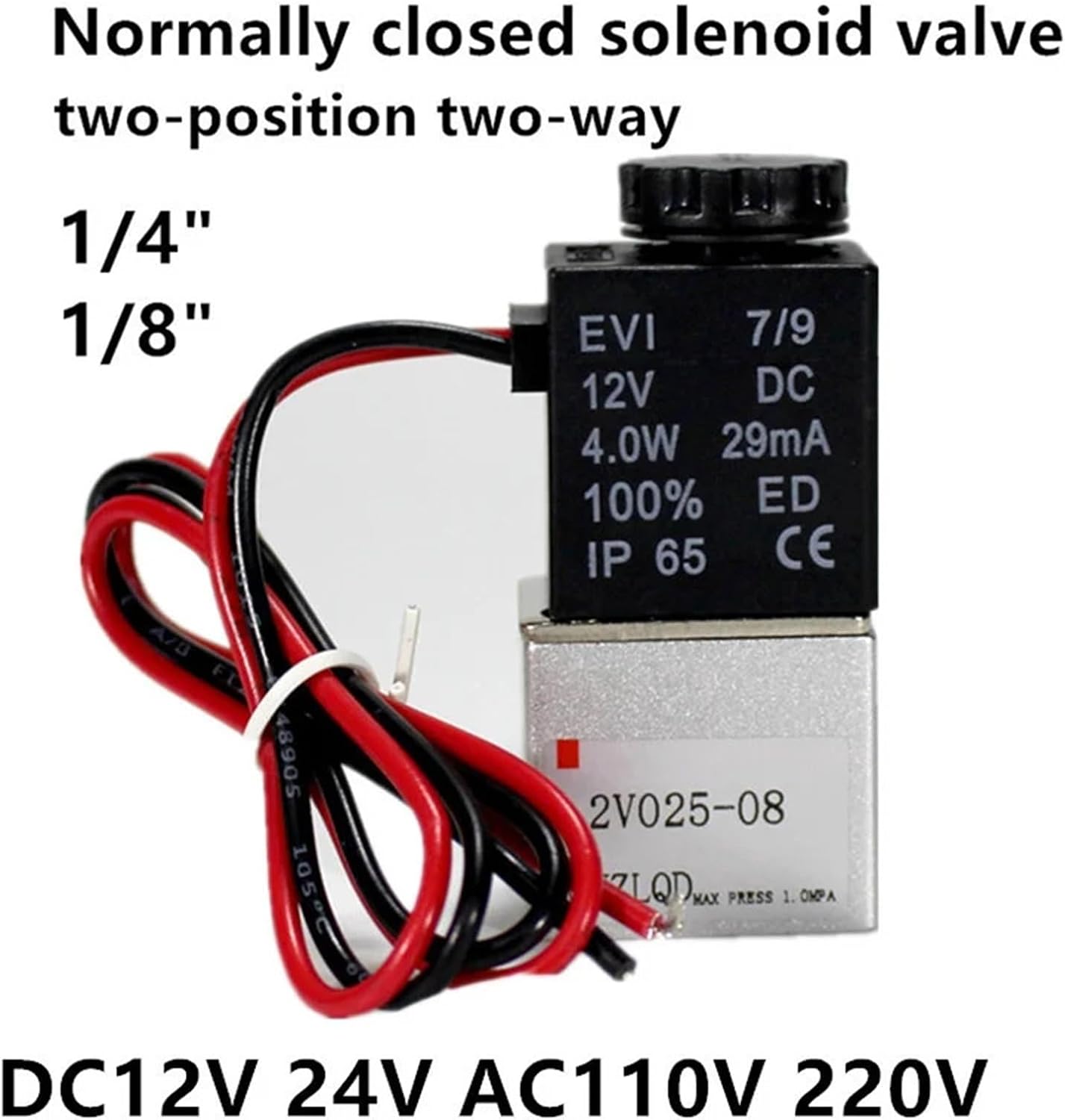 Normally Closed Brass Solenoid Valve 1/4"" 1/8"" DC 12V 24V 110V 220V 2 Way Direct-Acting Pneumatic Valves for Water Air Gas(110v-normally Closed,0.25 Inch)