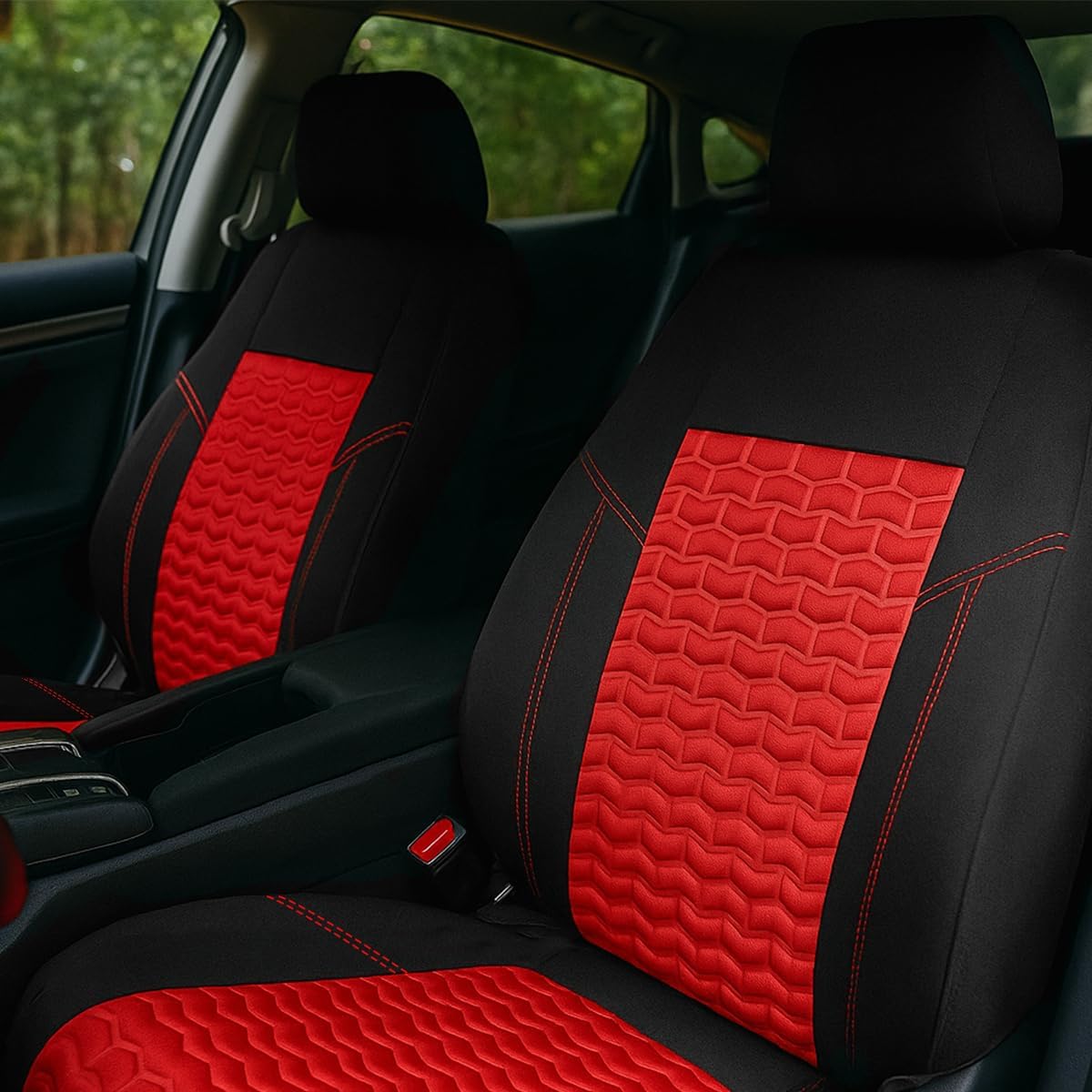 Car Front Seat Cover, Soft Air Cool Mesh 3D Tire Embossed Vehicle Front Seat Protector Airbag Compatible, Sporty Auto Interior Chair Protection Cover, Universal Fit (Red/Black) image 4