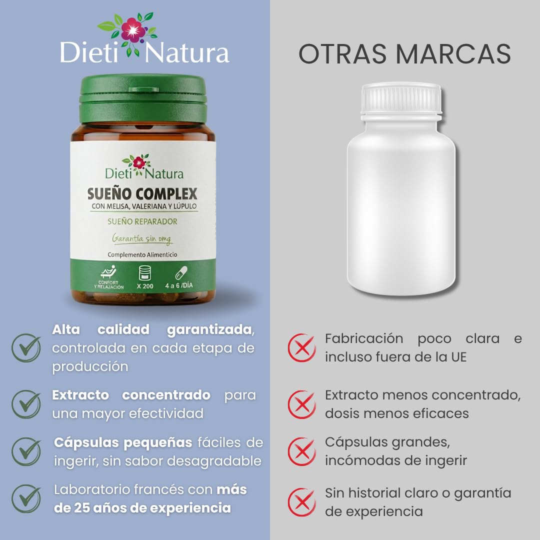 Dieti Natura Sueño Complex 200 Cápsulas de Origen Vegetal (Pack de 3) - Con Valeriana, Escholtzia, Lúpulo y Melisa - Favorece el Sueño y Calma el Sistema Nervioso - Garantía Sin OGM