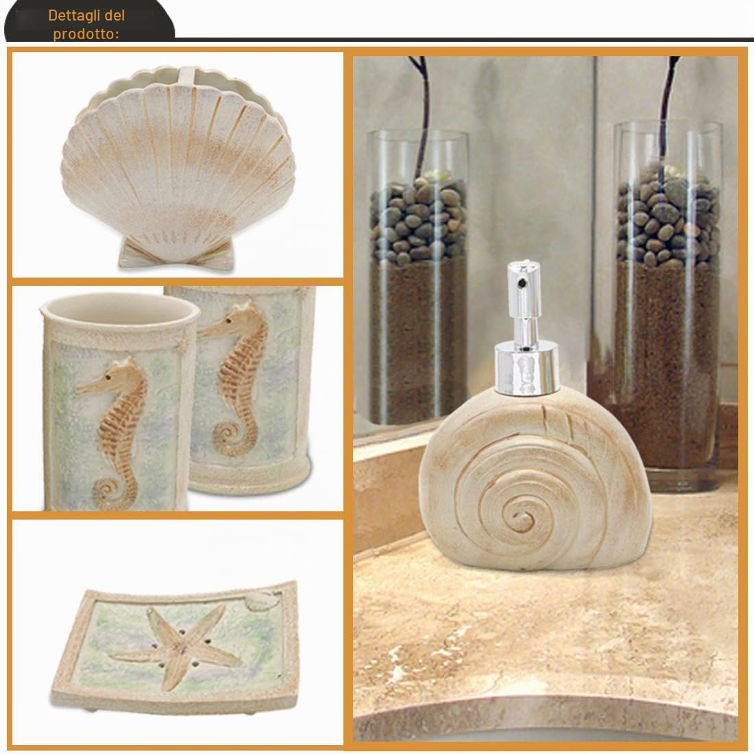 Set di 5 conchiglie da spiaggia con dispenser per sapone, portasapone, bicchiere, portaspazzolino, set in poliresina avorio per uomo, donna, bambini