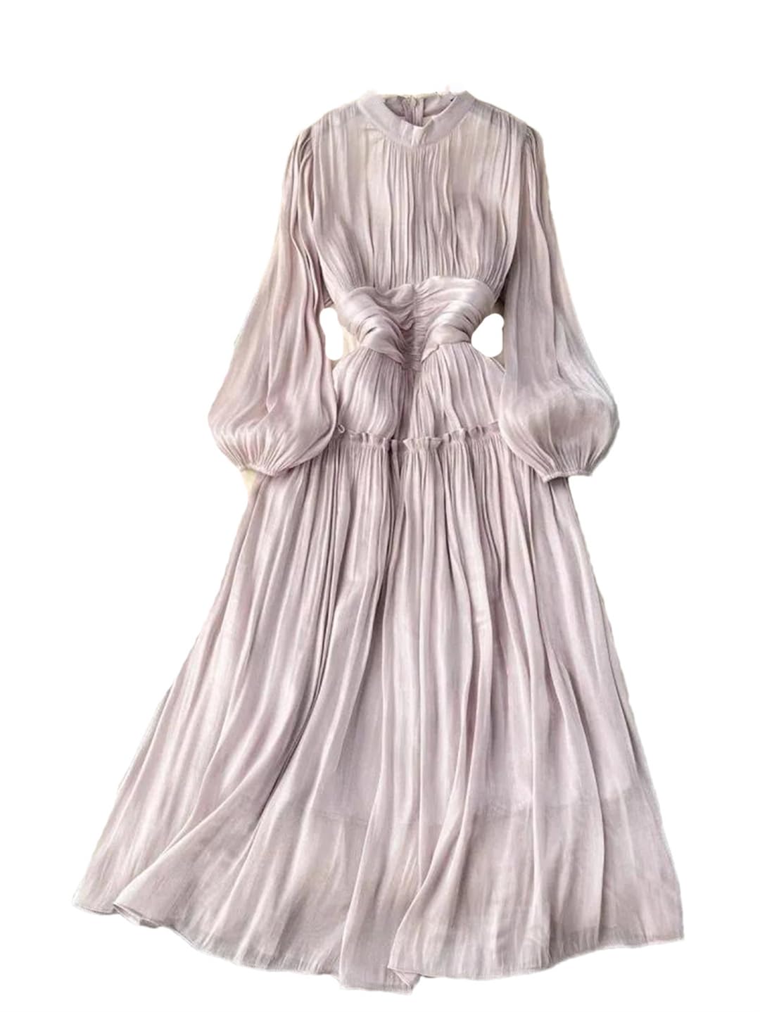 Vsadsau Abito da donna tinta unita plissettato colletto alla coreana manica lunga A-Line Zipper Maxi abiti