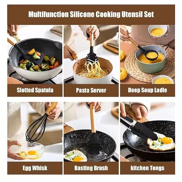 12 Piece Silicone Kitchen Cooking Spoon Set Wooden Handle & Holder - Small by DOSTDR - Used condition - Image 8
