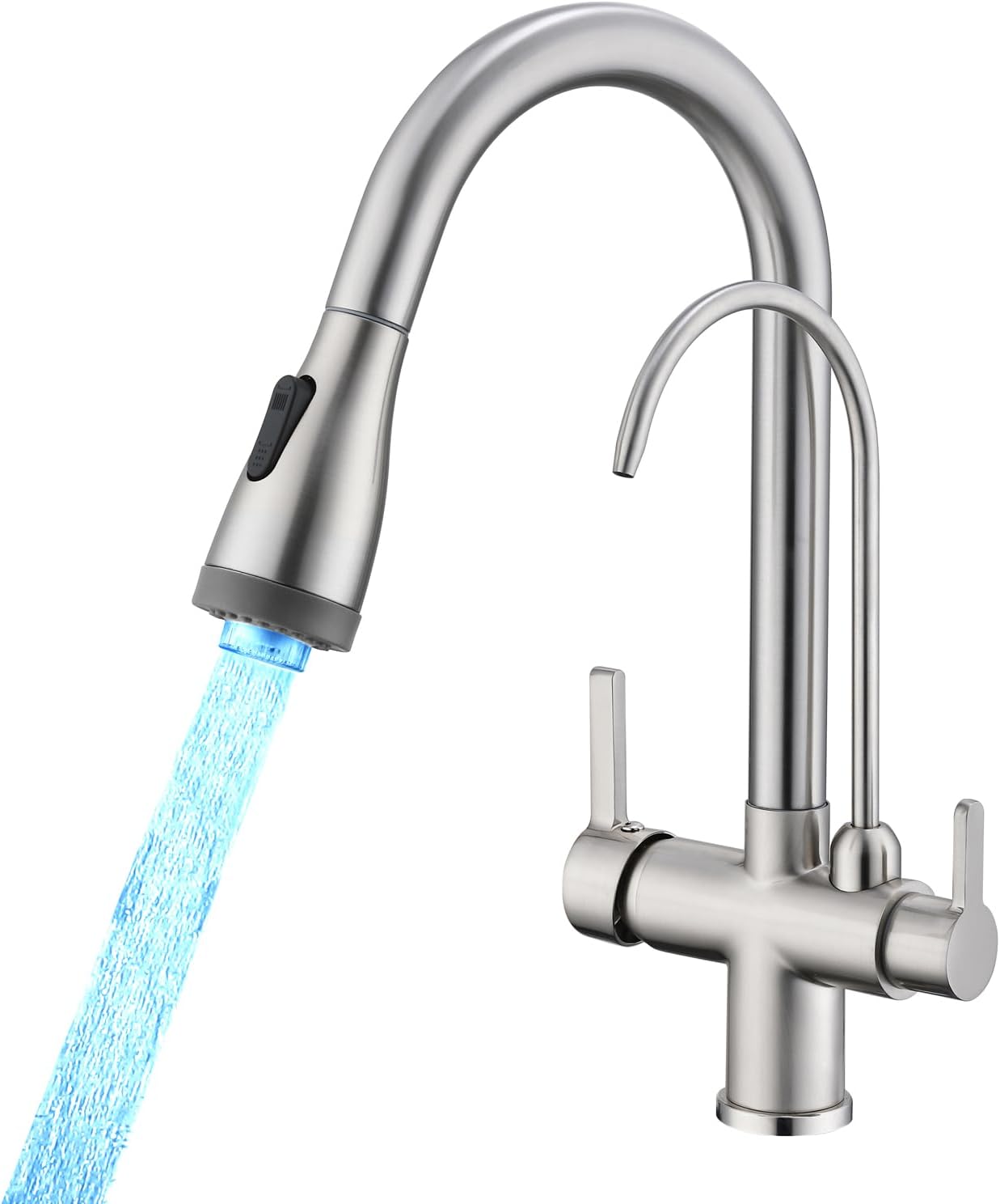 Matte Black 2 in 1 Kitchen Sink Faucet - LED Light Pull Down Faucet with Drinking Water Faucet, 2 Handle Commercial Stainless Steel Faucet for Farmhouse Bar Sink​