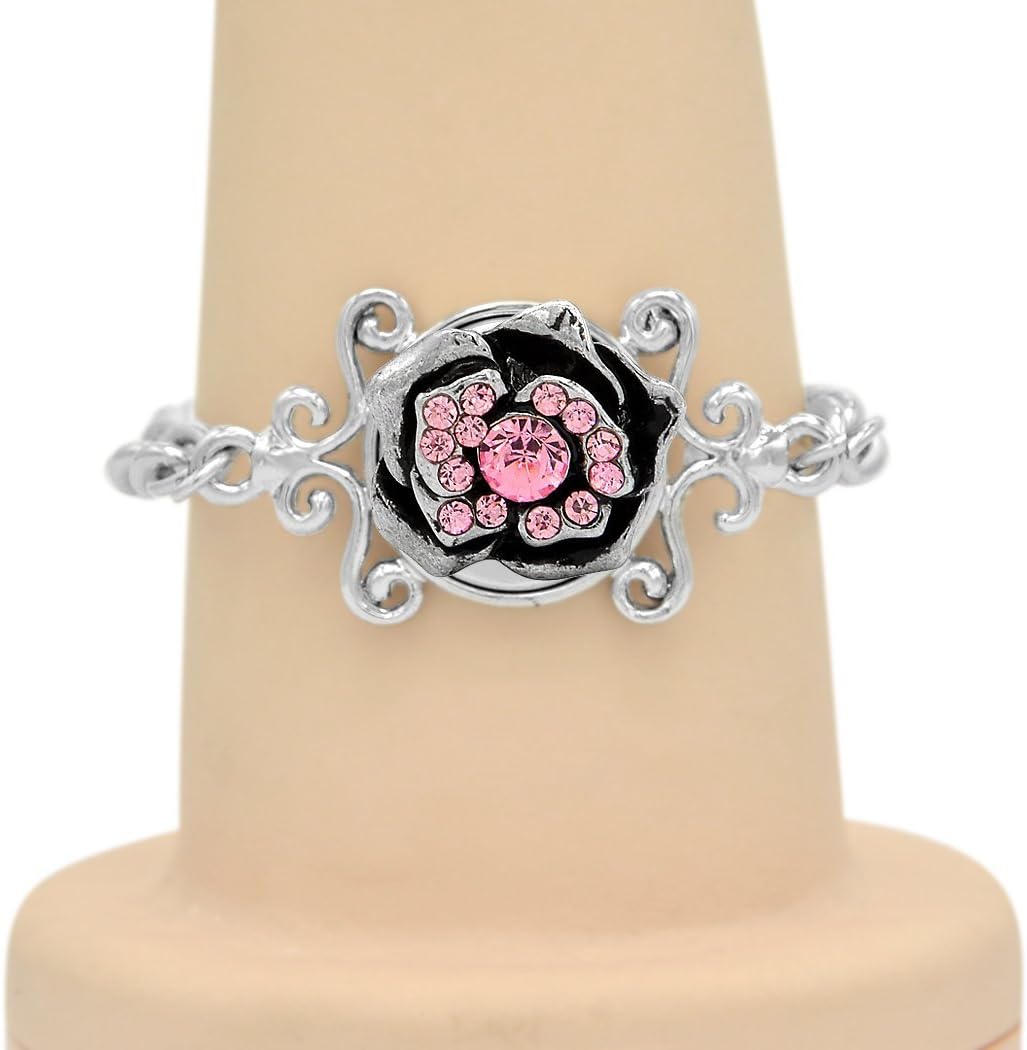 WILD-WIND (TM Silver Lace Bracelets DIY Gemstone Buttons Clasp Chain (Pink Rose)