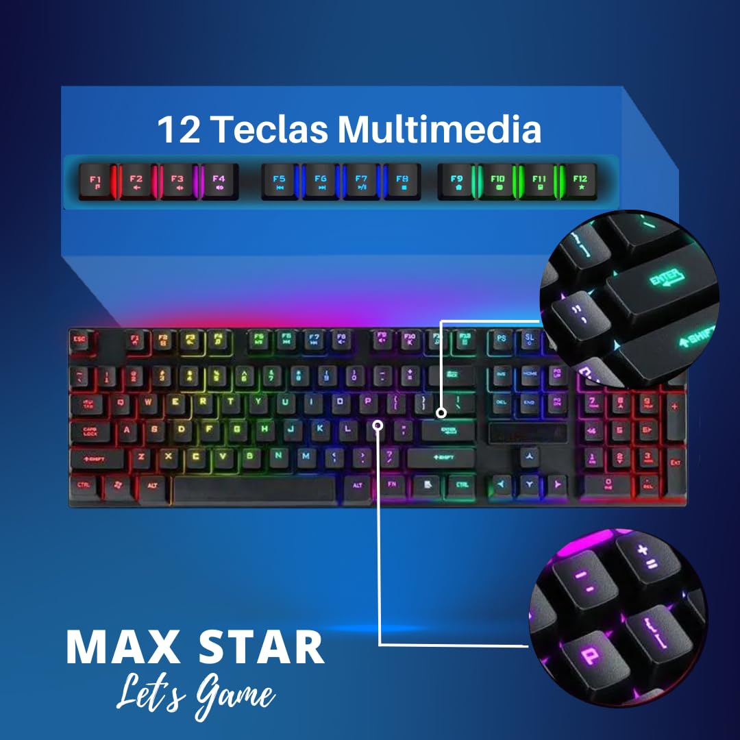 Max Star Teclado Gaming Iluminación LED RGB Teclado Alámbrico Gaming Windows, Mac, PC Gaming, Ordenador, Portátil Teclado Mecánico Negro