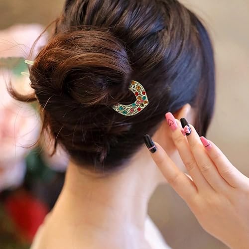 Miniatura 4 de yueton 4 unidades de palillos de pelo de aleación en forma de U con diamantes de imitación vintage de doble punta, palillos para el cabello retro