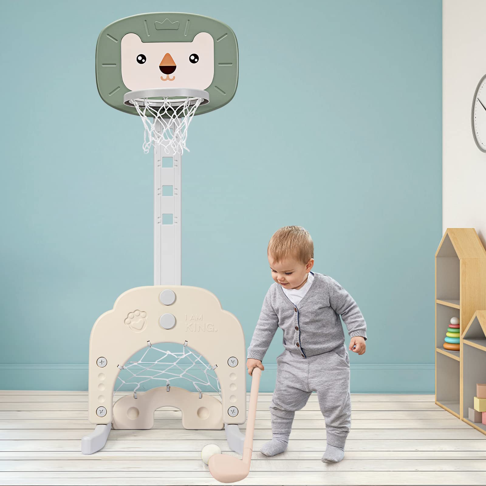 DREAMADE Mini Basketballkorb Kinder, 77-116 cm höhenverstellbarer Basketballständer mit Fußballkorb & Golf inkl. Bälle & Golf, 3 in 1 Indoor Spielplatz für Kleinkinder ab 3 Jahren (Grün)