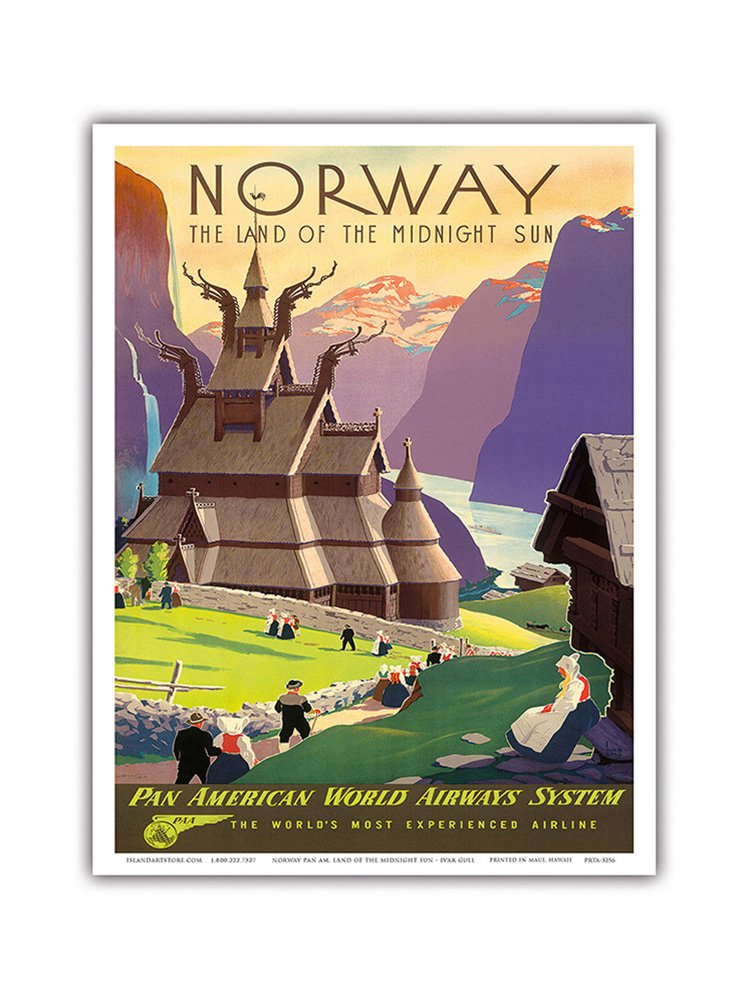 Norway, The Land of The Midnight Sun - Stave Church - Pan American World Airways System - Vintage Airline Travel Poster by Ivar Gull c.1939 - Master Art Print 9in x 12in