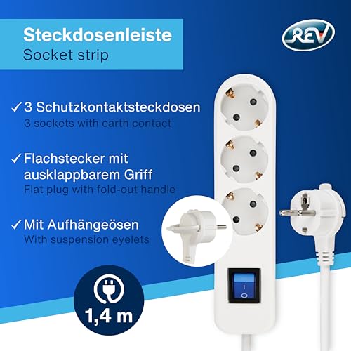 REV Ice Steckdosenleiste, 3-Fach Steckdose, Mehrfachsteckdose 3fach, 1,4m, max. 3680W, weiß