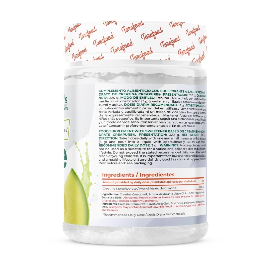 Creatina Monohidrato Creapure en Polvo | 320G | Sabor Melón | Aumento de Masa Muscular y Resistencia | Gran Solubilidad | 100% Vegana | Torafood
