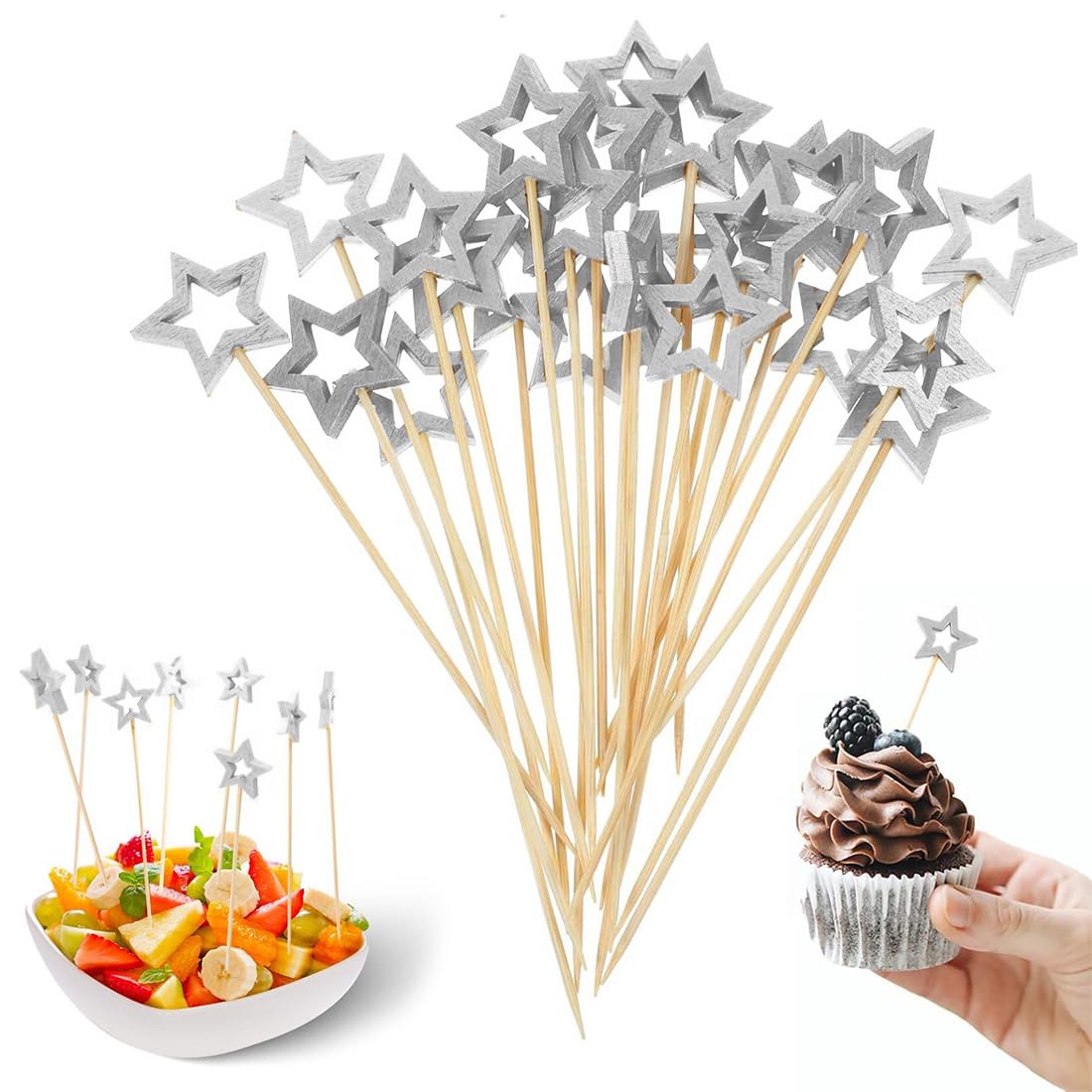 50 Pezzi Stuzzicadenti Decorativi, Stecchini per Aperitivo, Stuzzicadenti da Cocktail Stella Argento, Bastoncini da Cocktail di Natale, Decorazioni per Cibi e Bevande per Feste di Compleanno