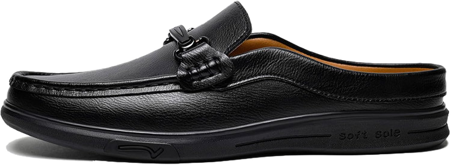 XHOGNLS Men’s Leather Slip-On Flat Clog Mules Fashion Comfort Round Toe Metal Buckle Decoration Sling Back Loafers for Business Formal Casual - Image 3
