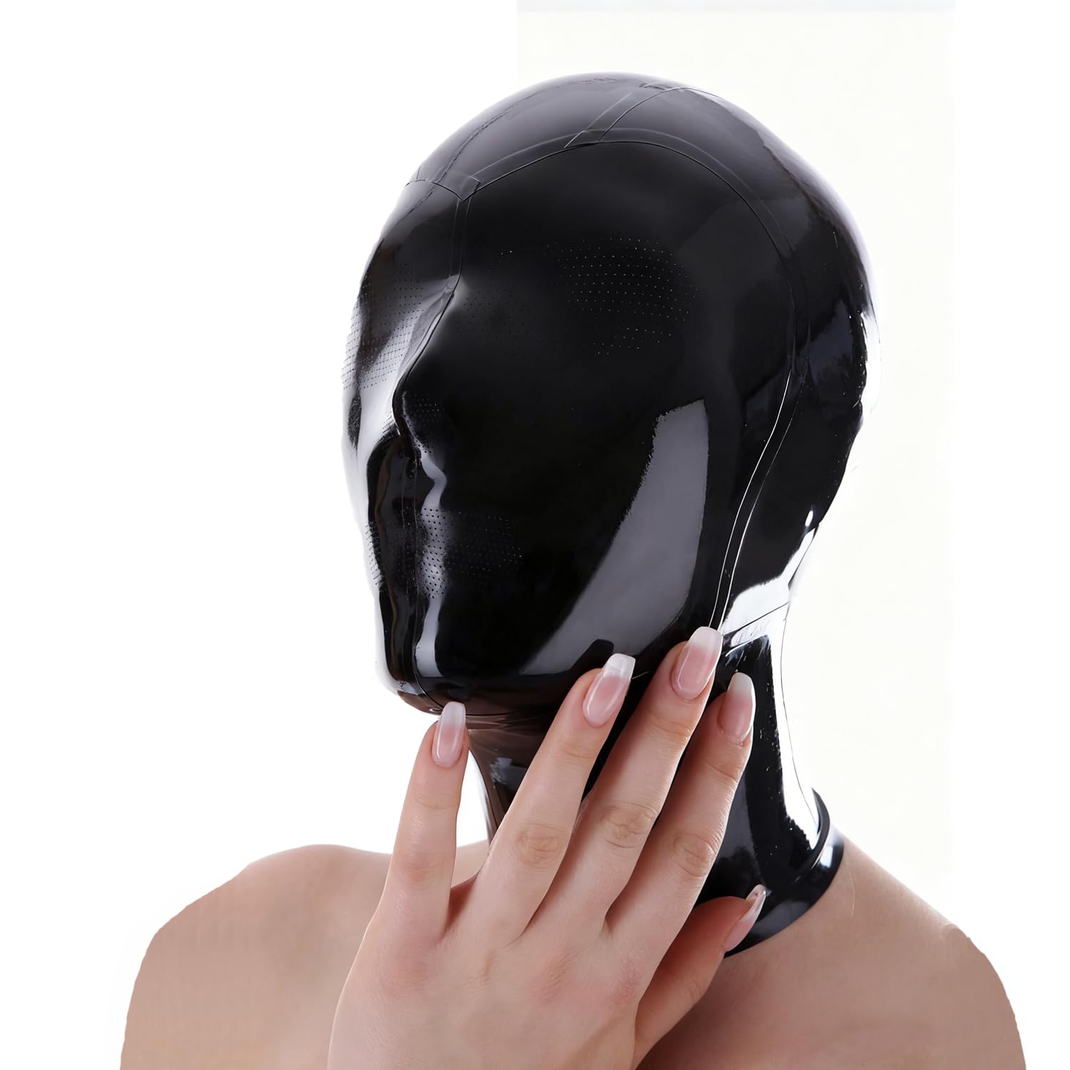 IOKUKI Latex Microporous Hood Rubber Mask for Men Women,Black Latex Mask with Back Zipper Handmade-XL