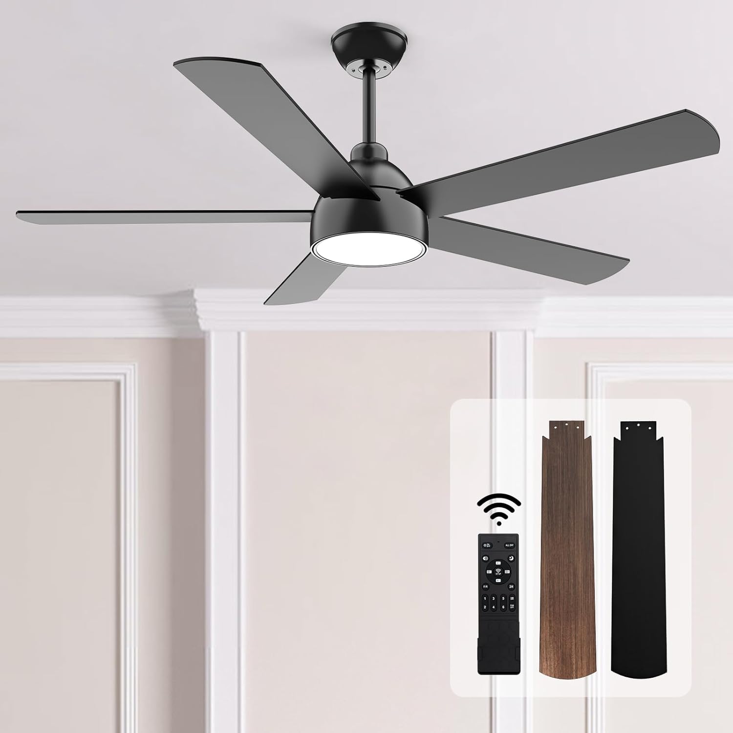 JINIU Ceiling Fans with Lights, 52inch Downrod Ceiling fan with Remote Control, 5 Blades, Reversible, Innovative Stepless dimming and Color Temperature, Ceiling Fan for Living room, Indoor/Outdoor Use 52" Downrod Black
