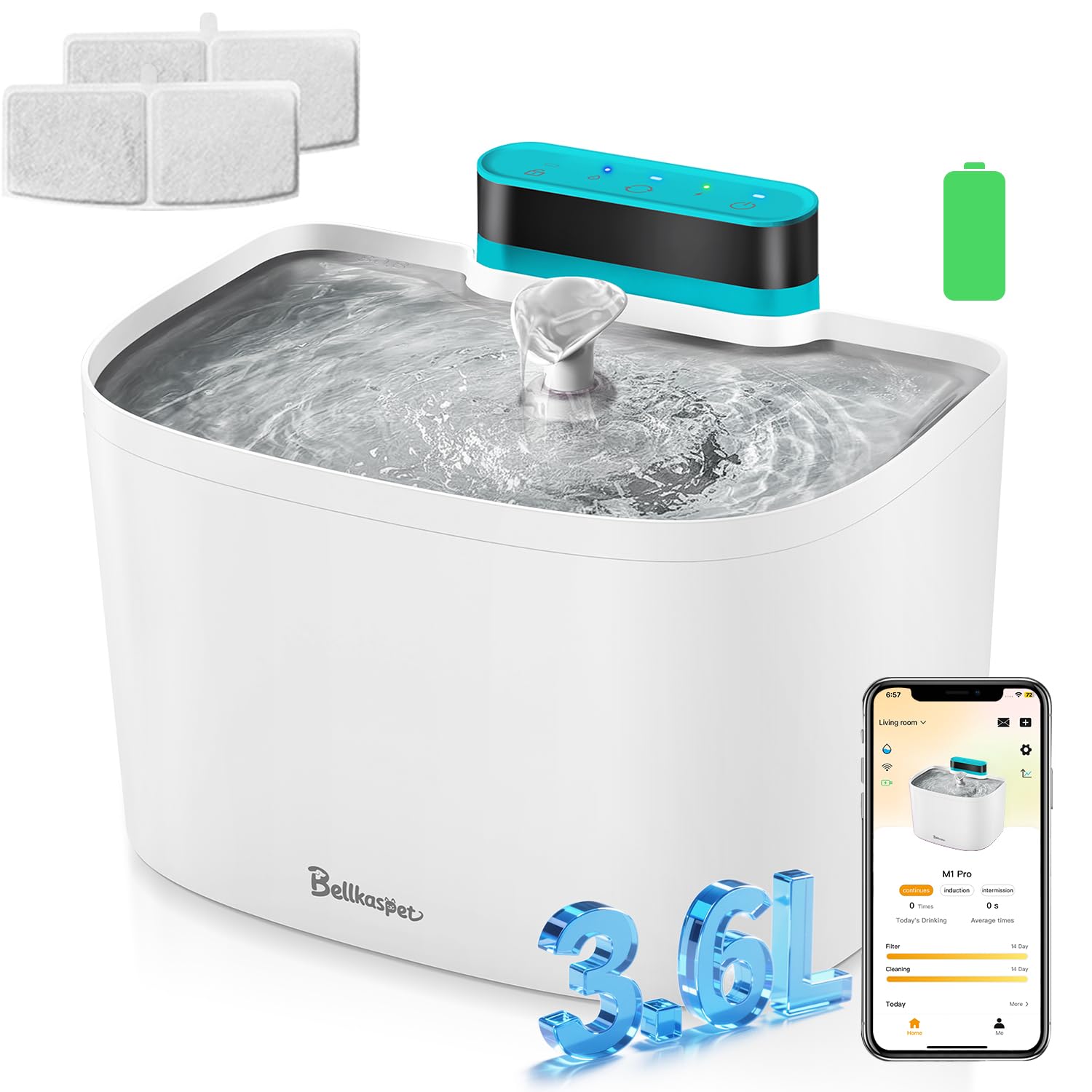 Cat Water Fountain, App Control Wireless Cat Fountain, 122oz/3.6L Pumpless Water Fountains for Cats Indoor with Stainless Steel Tray, Wi-Fi Dog and