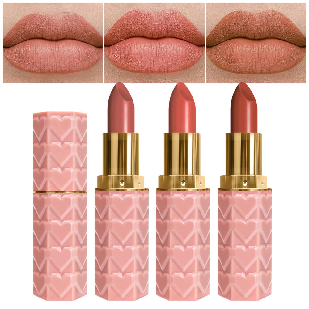 3 Pcs Brown Pink Nude Matte Lipstick Sets,Lipstick for Women Longlasting,labiales magicos 24 horas originales,Lipstick Set Long Lasting 24 hrs Waterproof Lipstick Pack,labiales mate