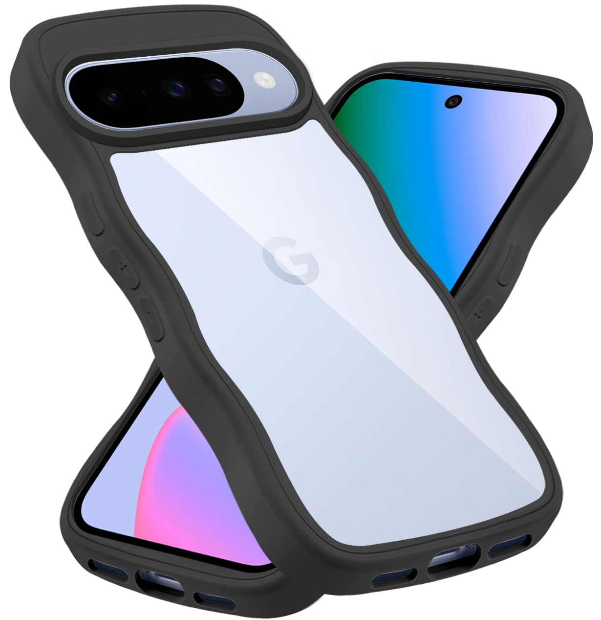クリア Google Pixel 10/Pixel 10 Pro ケース かわいい 波状フレーム うねうね 耐衝撃 グーグル ピクセル10/10Pro スマホケース 滑り止め 人気 可愛い カバー 落下防止 ワイヤレス充電対応 (ブラック)