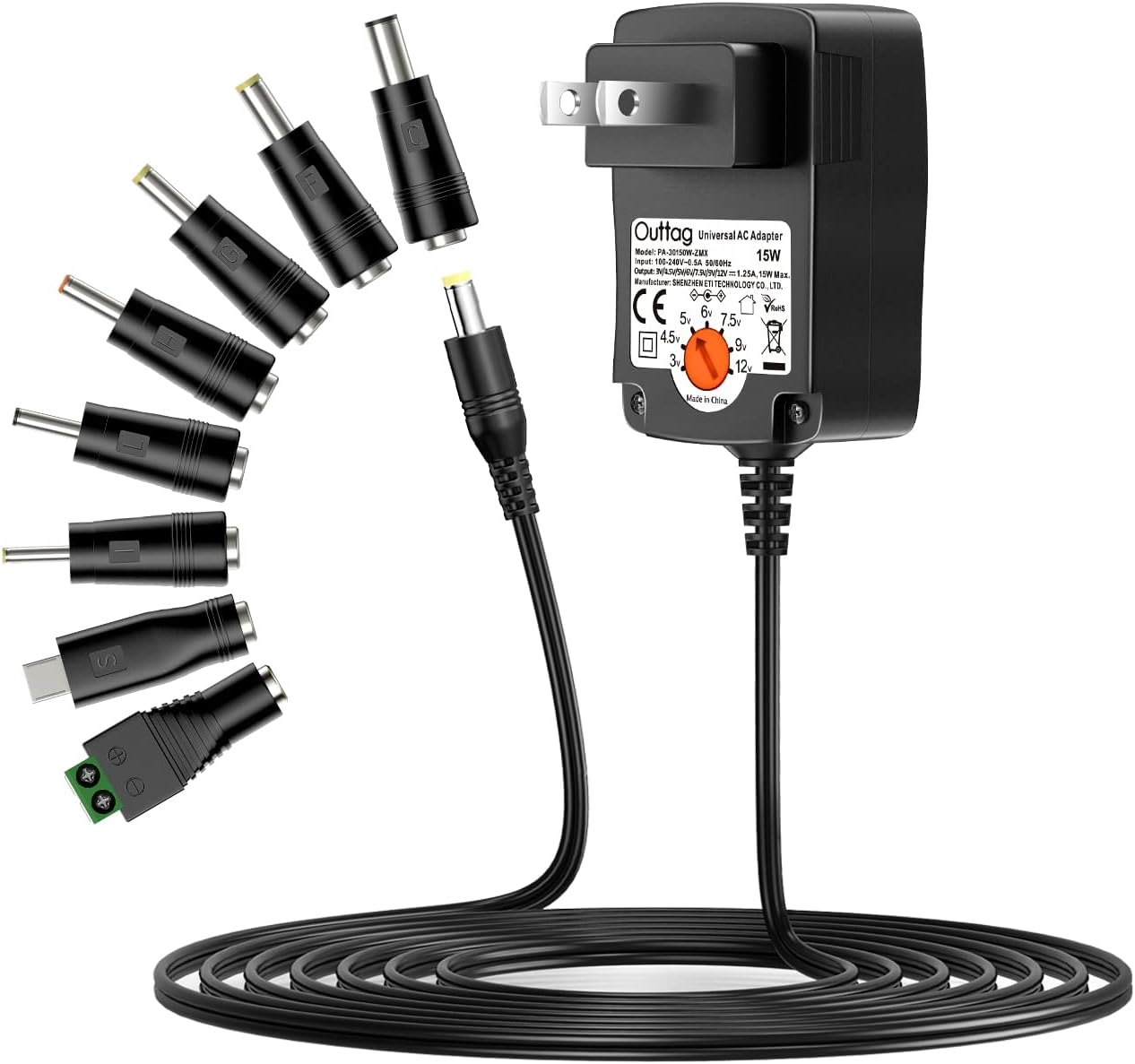 AC Adapter 15W Multi Voltage 3V 4.5V 5V 6V 7.5V 9V 12V 1.25A DC Power Supply, for Switching Adapter Household Electronics Routers CCTV IP Cameras Speakers Universal Charger 1250mA