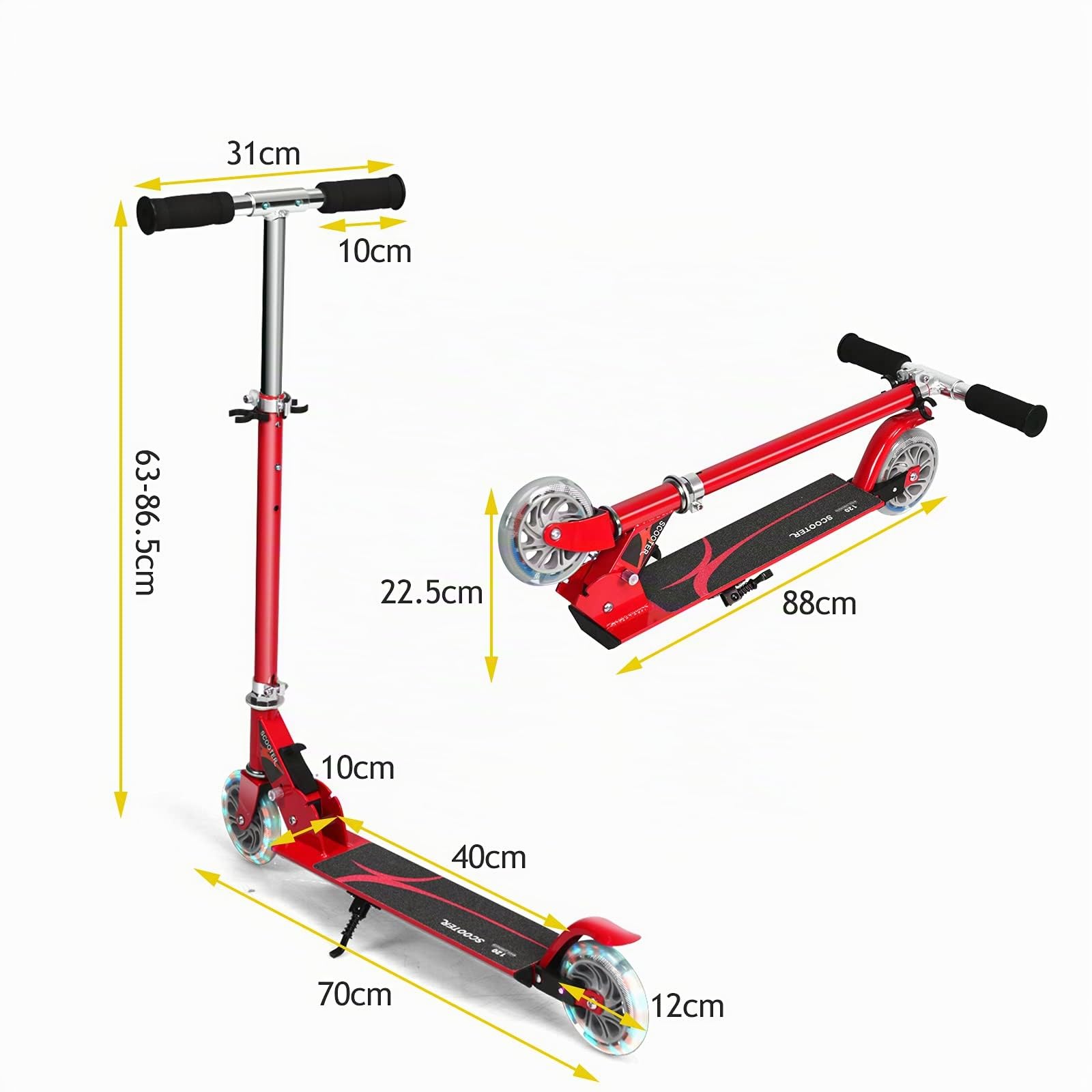 GOPLUS Trottinette Enfant de 3 à 7 Ans, Trottinette Pliable avec 2 Roues Lumineux, Poignée Hauteur Réglable, Frein sur Roue Arrière, Charge Max 70KG, 70x10x63/73/86CM, Cadeau pour Garçon/Fille