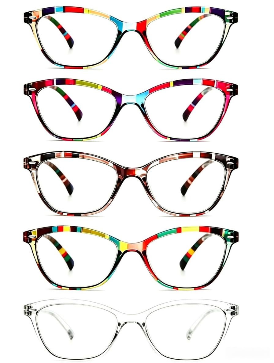 Modfans Unisex 5 Color Mixing Reading Glasses Women 5 Pack Fashion Ladies Readers 3.0 For Reading Comfort Spring Hinge Lightweight Cat-Eye Frame Stylish Look,Come With Pouch