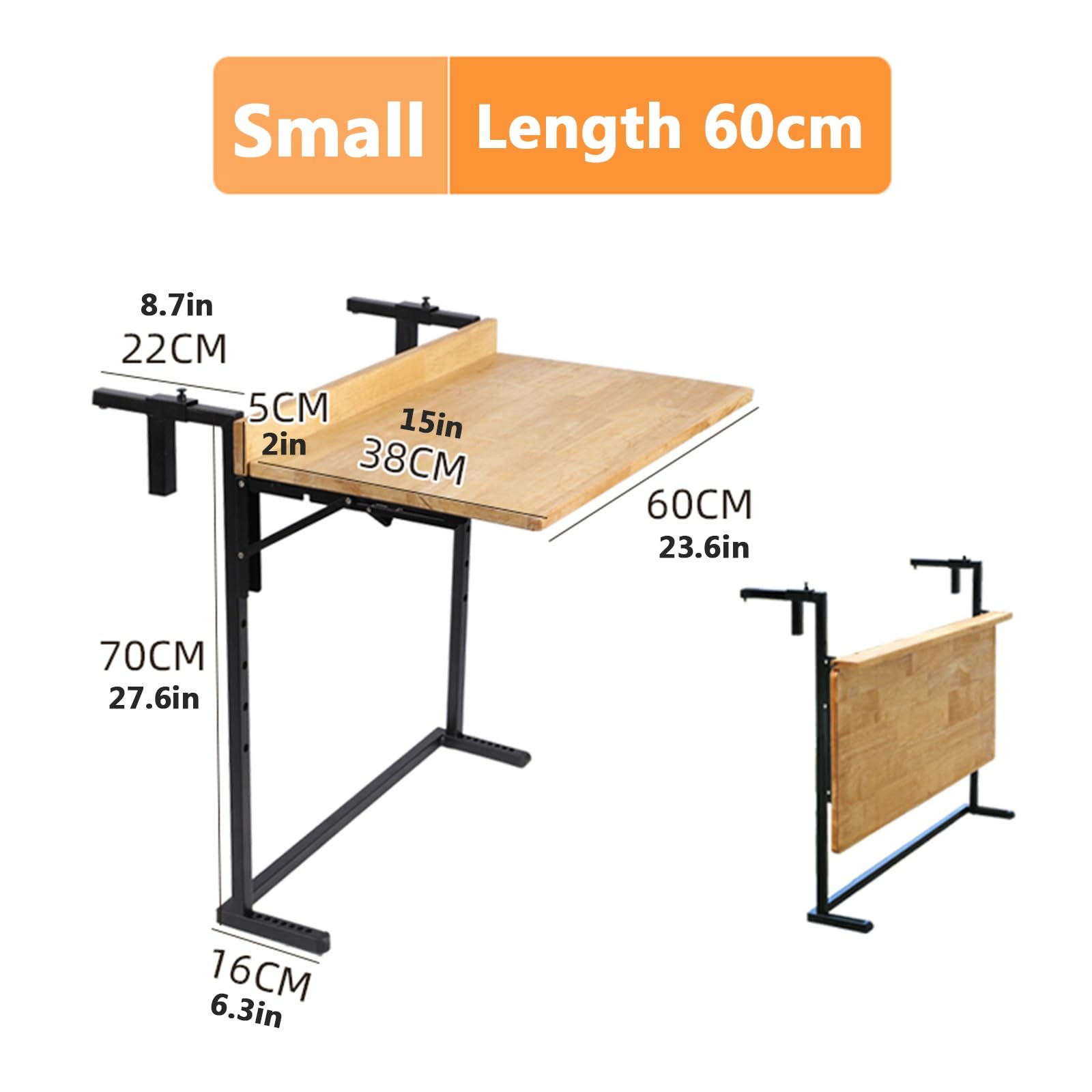 Tavolino da balcone,tavolo appeso alla ringhiera,Tavolo ringhiera in legno regolabile,finitura naturale,pieghevole,per patio da esterno, giardino, terrazza, ufficio(L60*w38cm/L23.6*W15IN)
