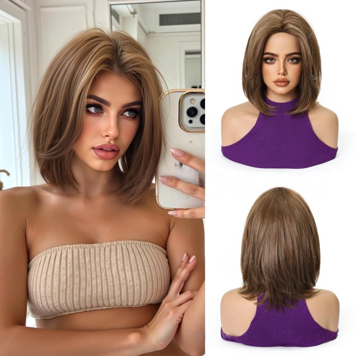 Middle Short Part Straight Bob Shoulder Length Brown Human Hair Wigs For Women Natural Look Daily Use (Brown,14inch)