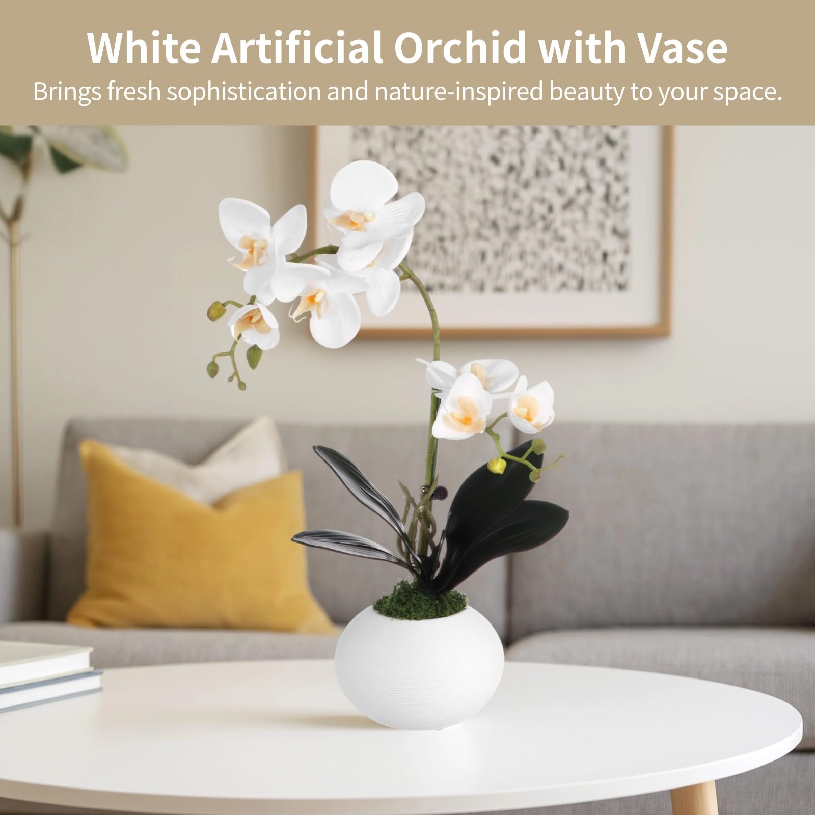 OMISTAR Künstliche Orchideen mit Vase, weiß, fühlt sich echt an, Orchidee, Blumen-Mittelstück, dekorative Phaleanopsis-Orchidee, Bonsai für Zuhause, Büro, Tischdekoration