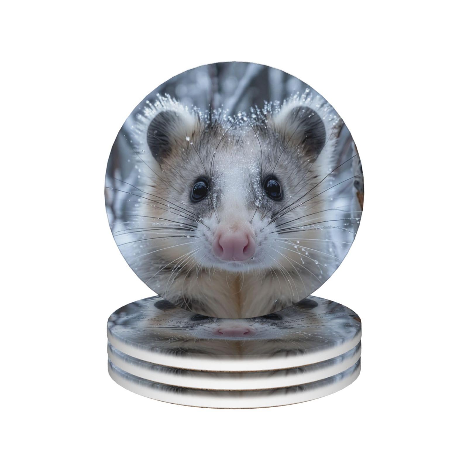 Drink Coasters Set of 4 Ceramic Coaster Opossum In Snow Coasters for Drinks Cups Mugs Mat Pads Absorbent Non-Slip Decorative Cup Coaster for Coffee Table Kitchen Bar Home Decor