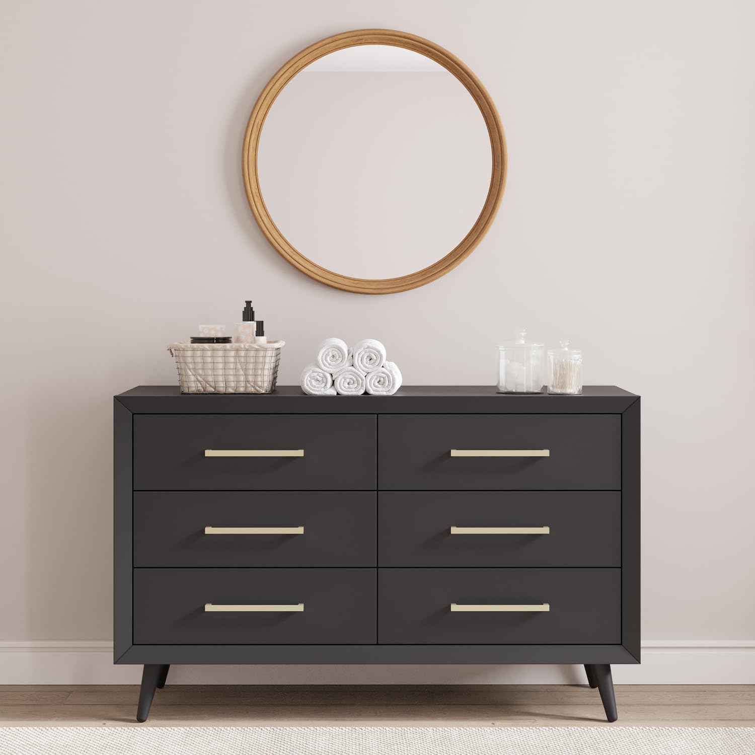 Child Craft Cranbrook 6-Drawer Double Dresser, 52.9" W Mid-Century Modern Nursery Dresser with Mitered Corners, Metal Handles, Ebony