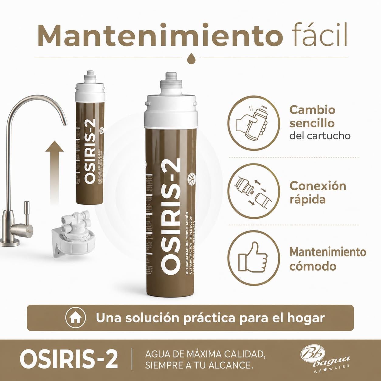Bbagua OSIRIS 2 Filtro de Agua Bajo Encimera con Grifo | Ultrafiltración 0,1 Micras | Reduce Cloro, Sedimentos, Olores y Mal Sabor | Sin Depósito ni Electricidad | Cartucho 12 Meses