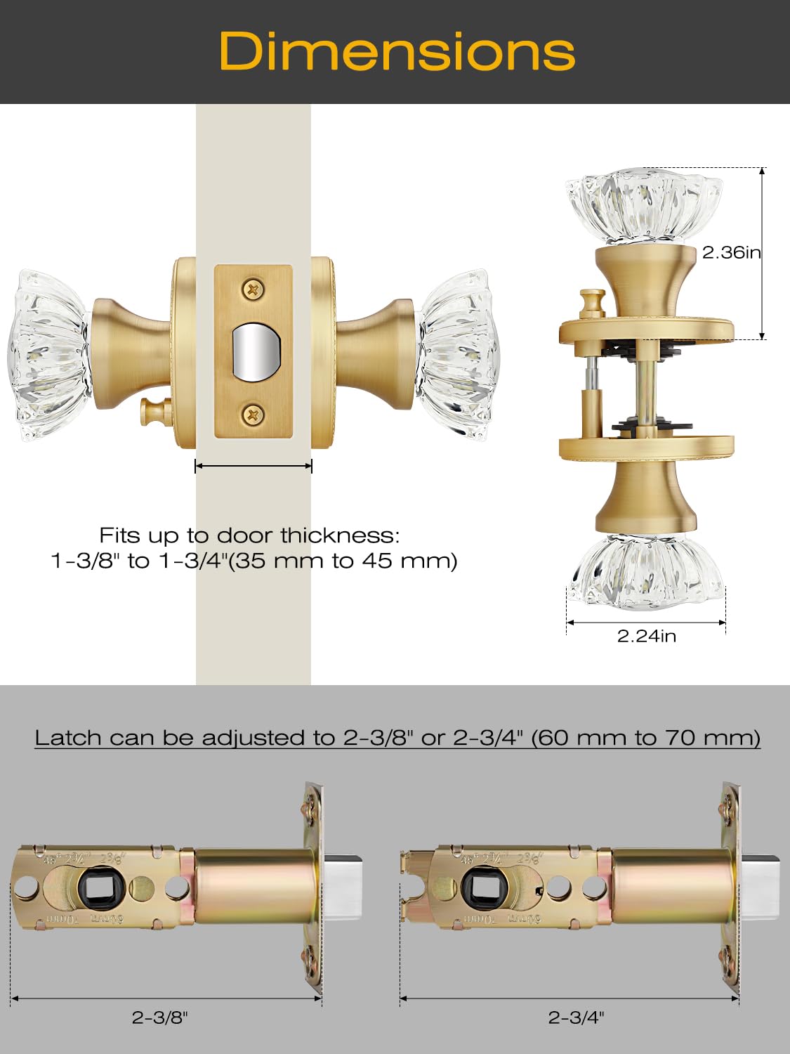 Gold Glass Door Knobs - Keyless Privacy Levers -8