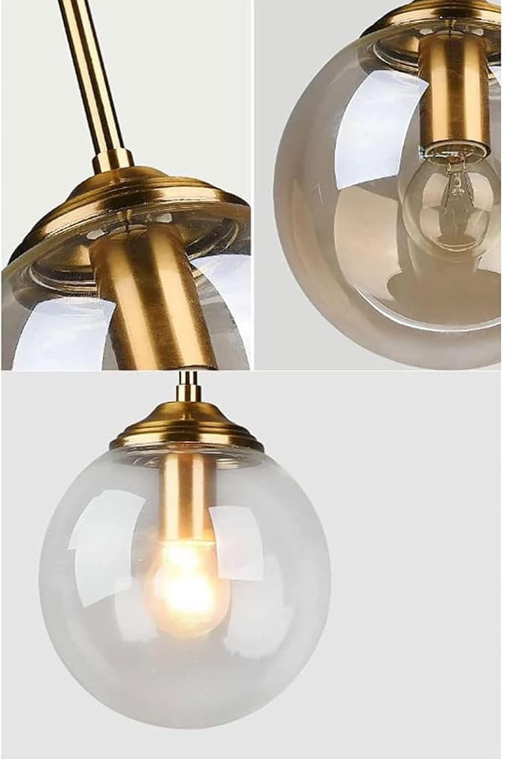 Lustre en laiton vintage industriel à 3 lumières Transparent/Gris fumé/Boule de verre ambre Suspension Cluster E27 Suspension pour îlot de cuisine Salon