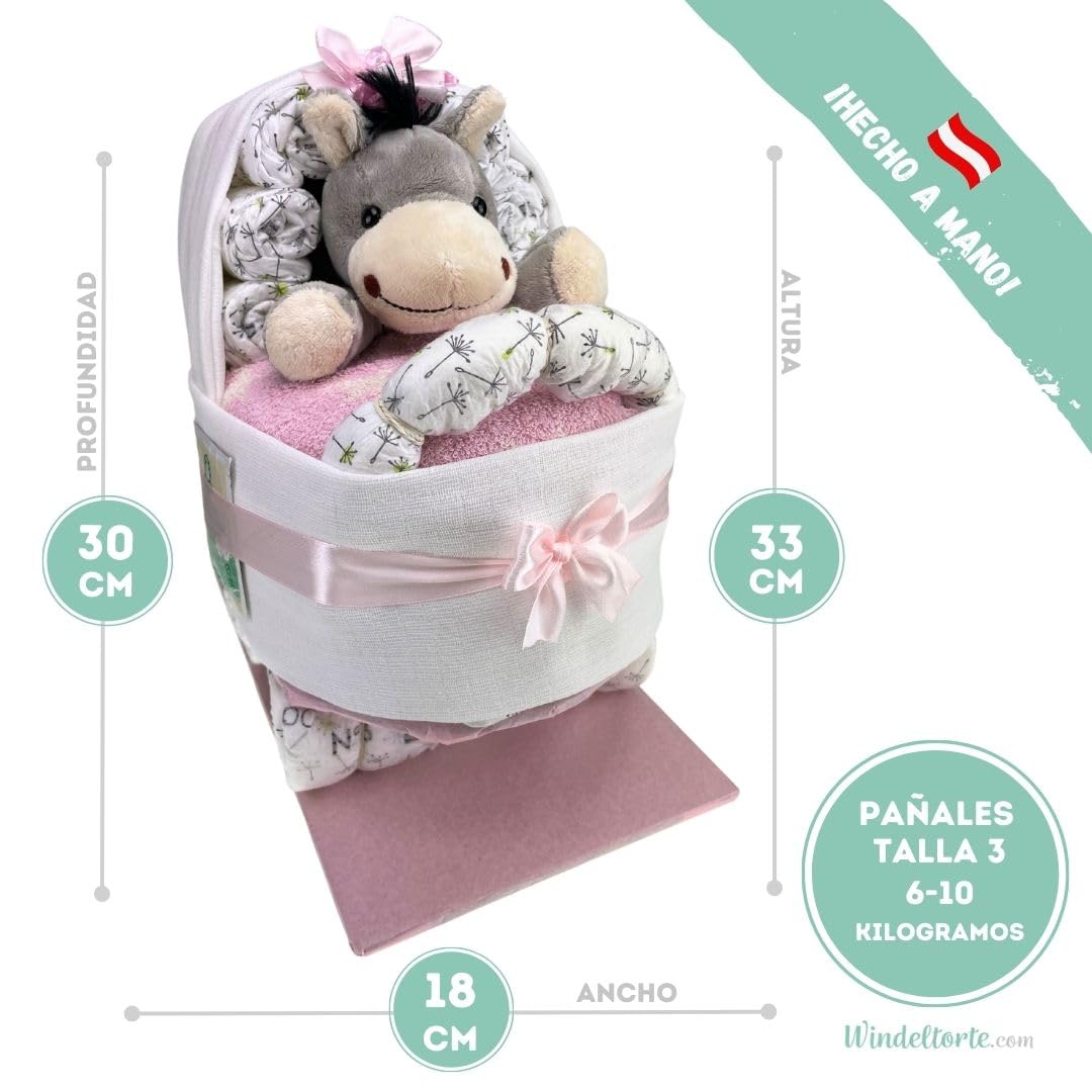Tarta de pañales ® Cochecito con peluche, juguete de peluche, regalo para nacimiento, baby shower, fiesta de bienvenida (rosa)